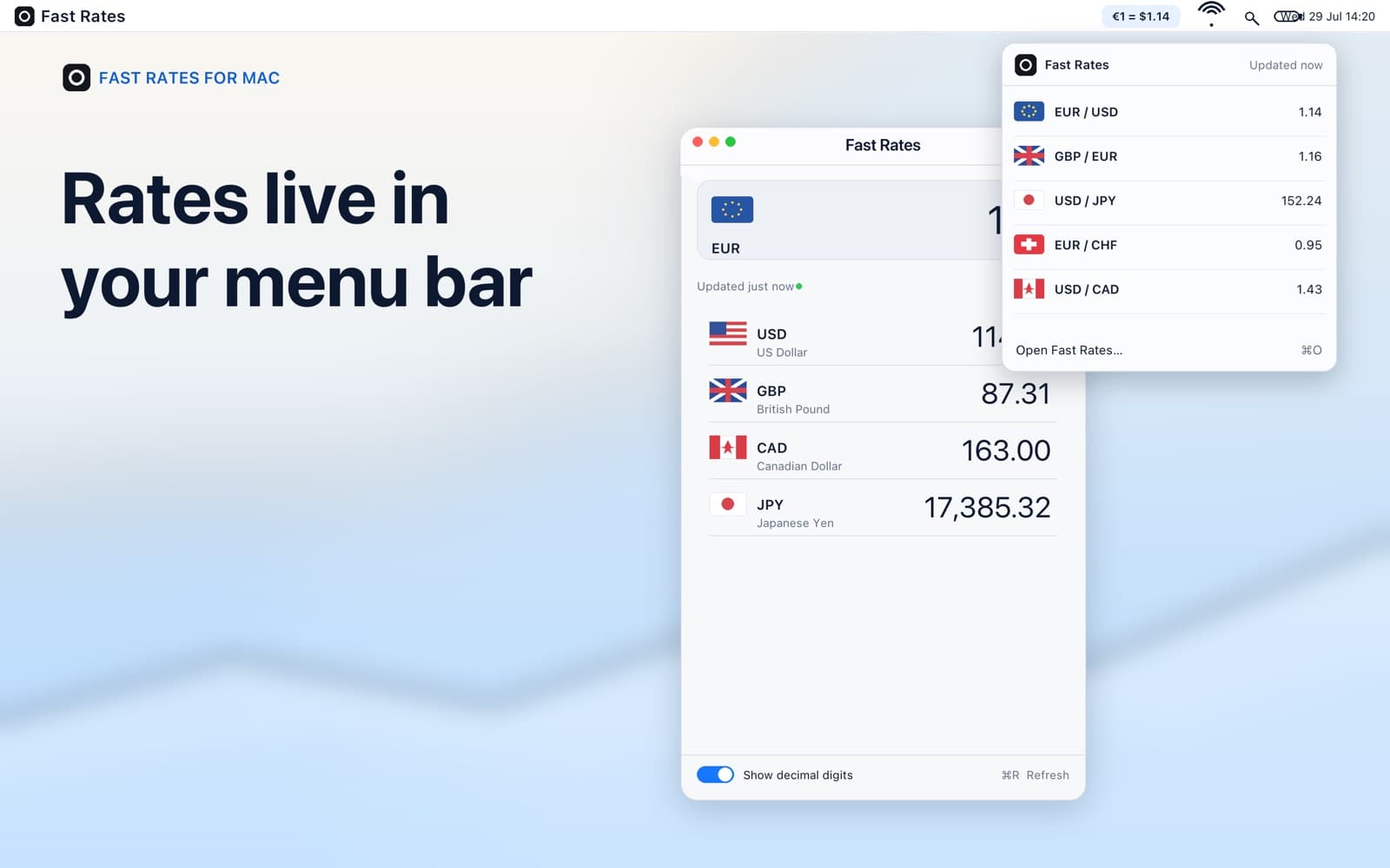 Exchange rates in the Mac menu bar
