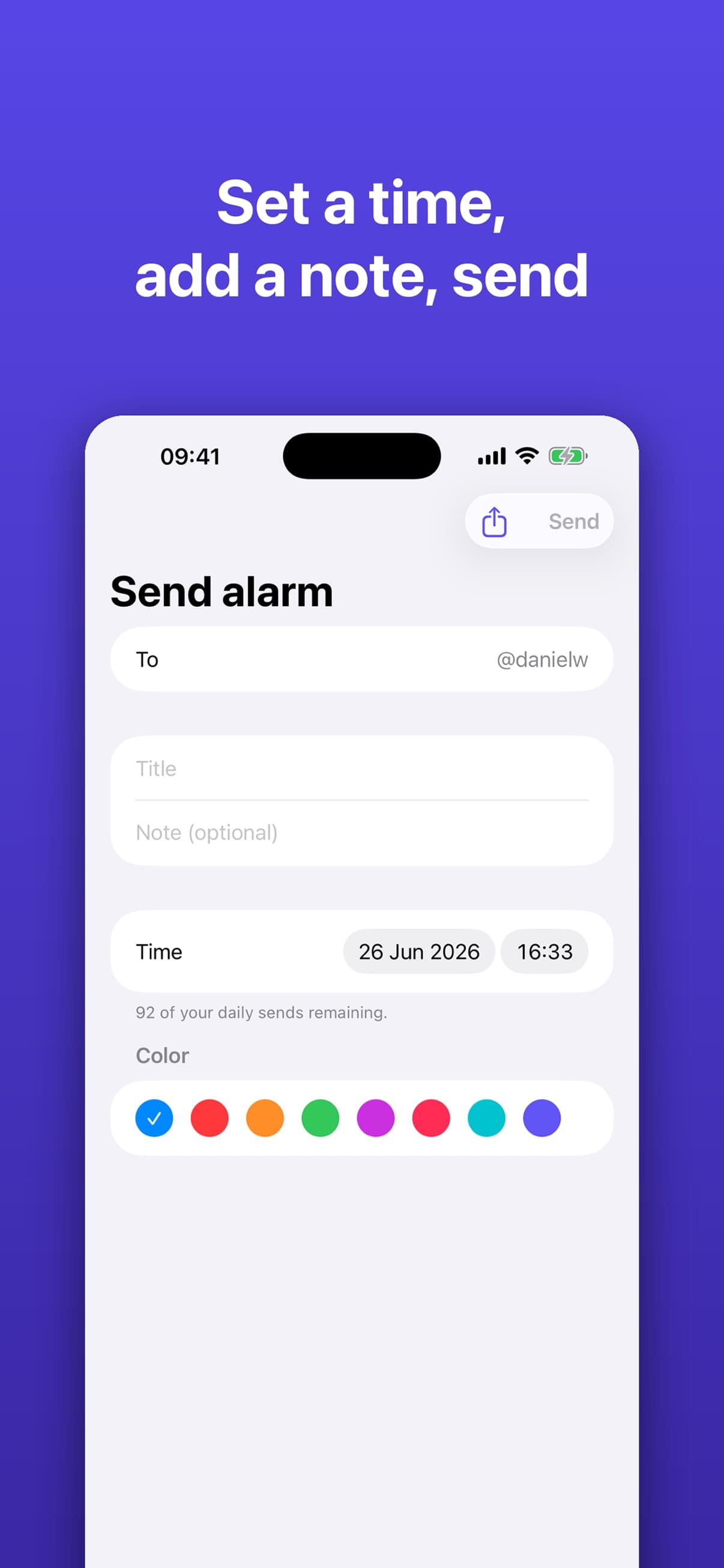 Choose a recipient, time and label for an alarm