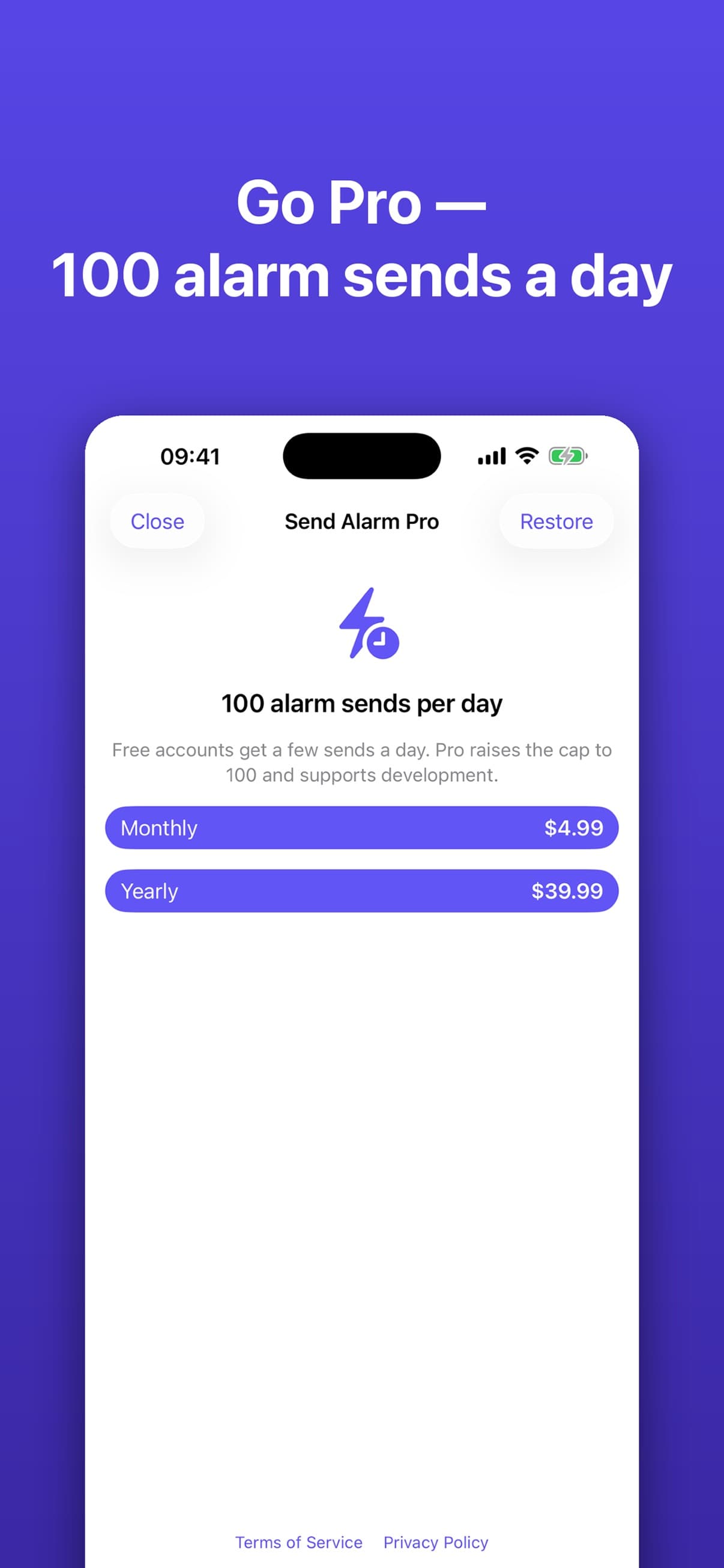 Send Alarm Pro subscription options