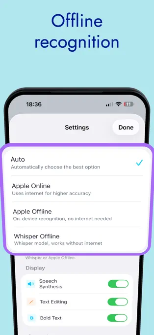 Choose an offline speech-recognition mode in Settings