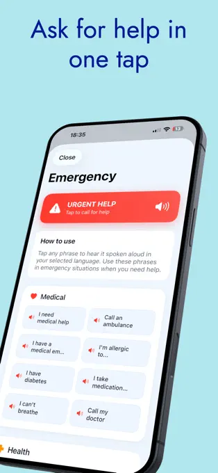 Show the app’s prepared phrases for asking for help