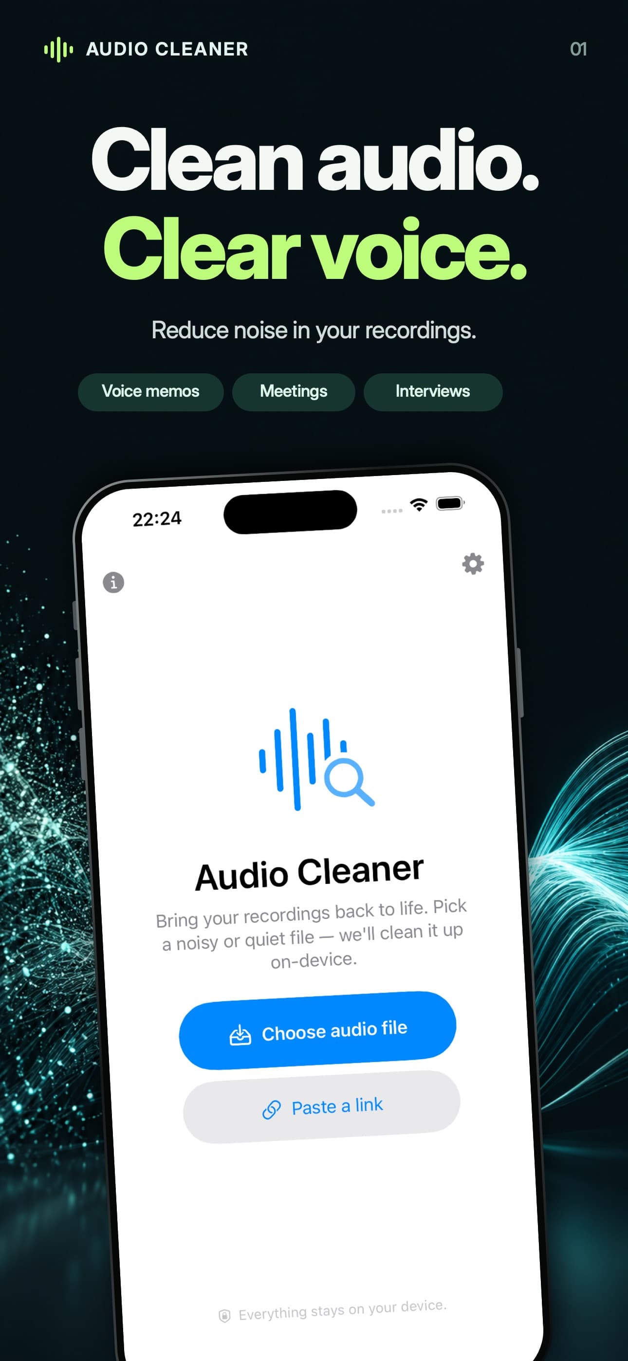 Audio Cleaner App Store preview: choose an audio file to reduce noise in voice recordings