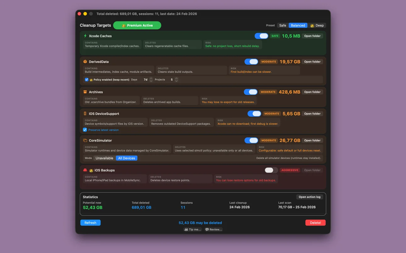 Dev Cleanup Utility for Mac with storage cleanup categories
