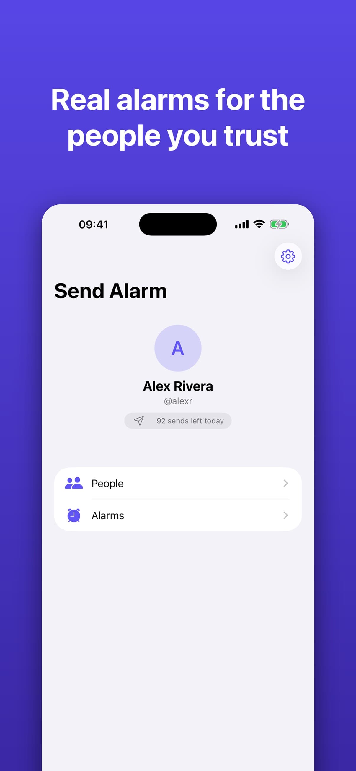 Send Alarm home screen with the Send Alarm button