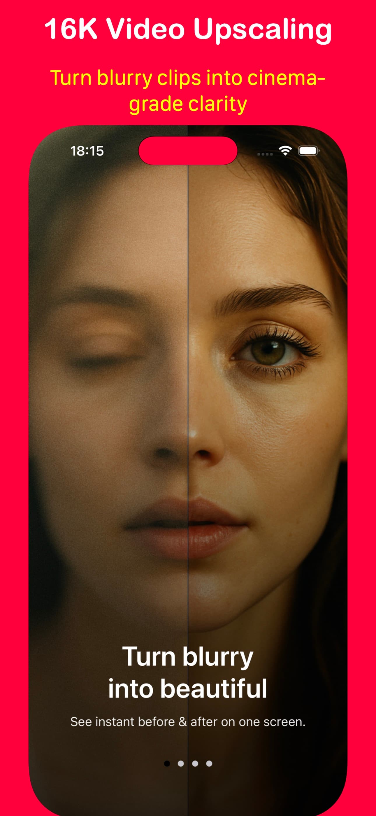 Video Upscaler App Store preview showing a before-and-after comparison